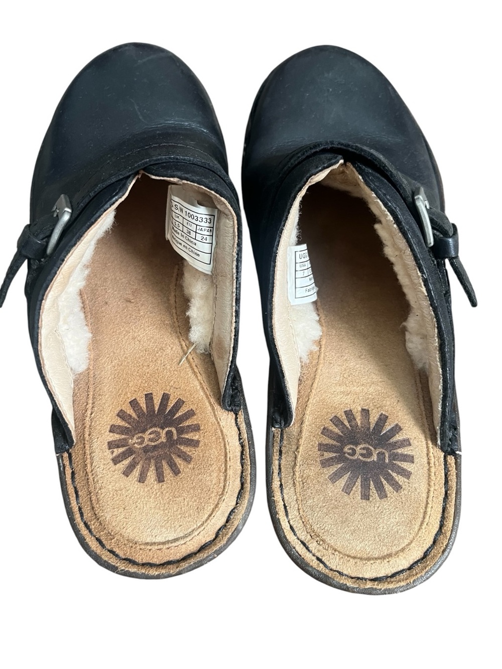 UGG Livia Black Leather Shearling Lined Buckle Clogs Mules Size 7